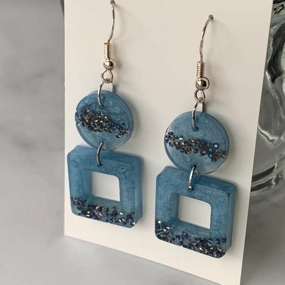 Shimmer blue open square earrings